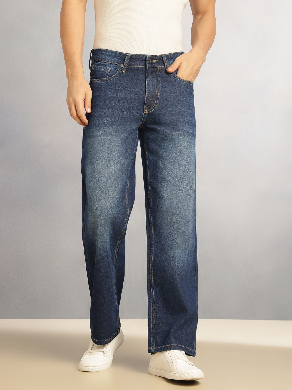 Thomas Scott Men Dark Blue Mid-Rise Baggy Fit Light Fade 100% Cotton Non Stretchable Jeans