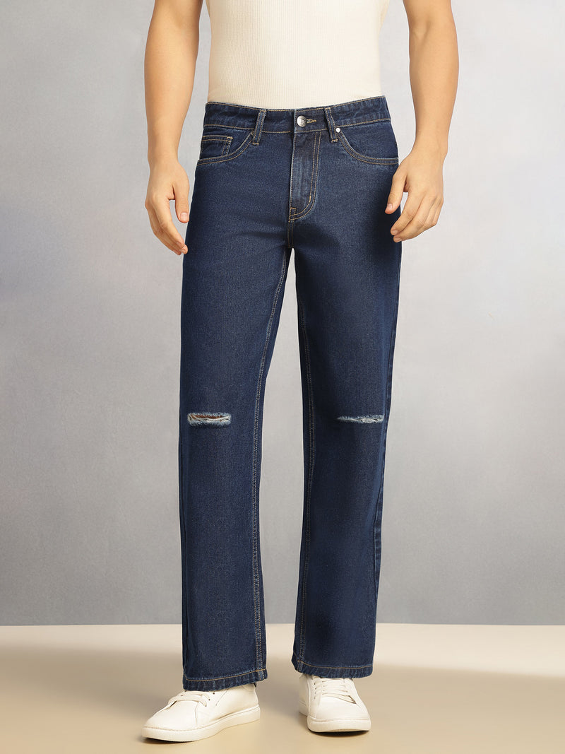 Thomas Scott Men Dark Blue Mid-Rise Baggy Fit No Fade Mildly Distressed 100% Cotton Non Stretchable Jeans