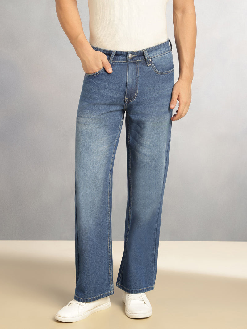 Thomas Scott Men Mid Blue Mid-Rise Baggy Fit Light Fade Clean Look 100% Cotton Non Stretchable Jeans