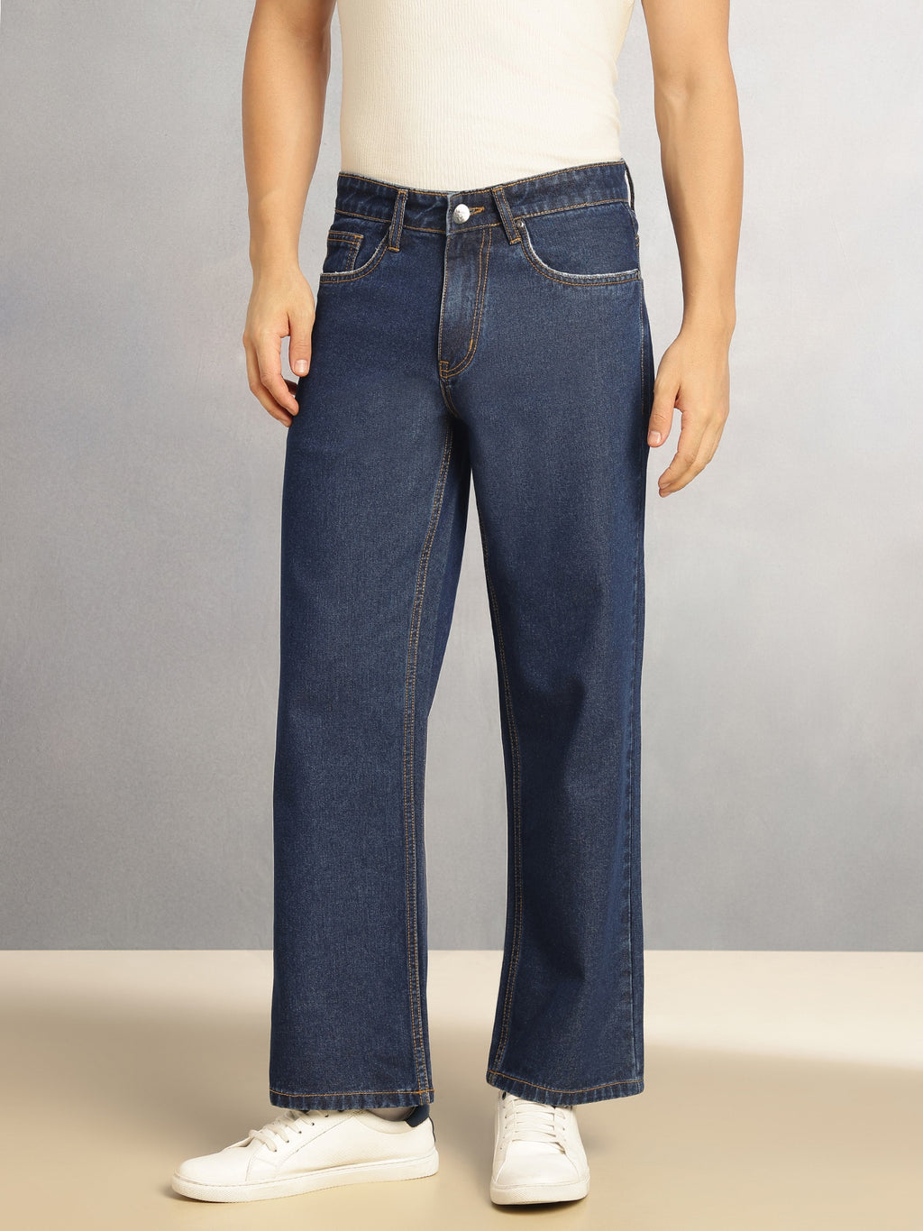 Thomas Scott Men Dark Blue Mid-Rise Baggy Fit No Fade Clean Look 100% Cotton Non Stretchable Jeans
