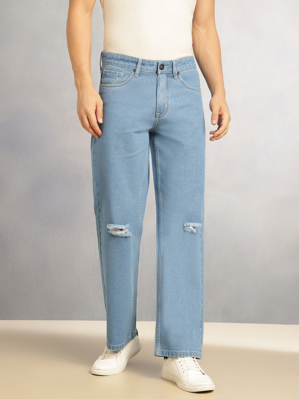 Thomas Scott Men Light Blue Mid-Rise Baggy Fit No Fade Highly Distressed 100% Cotton Non Stretchable Jeans