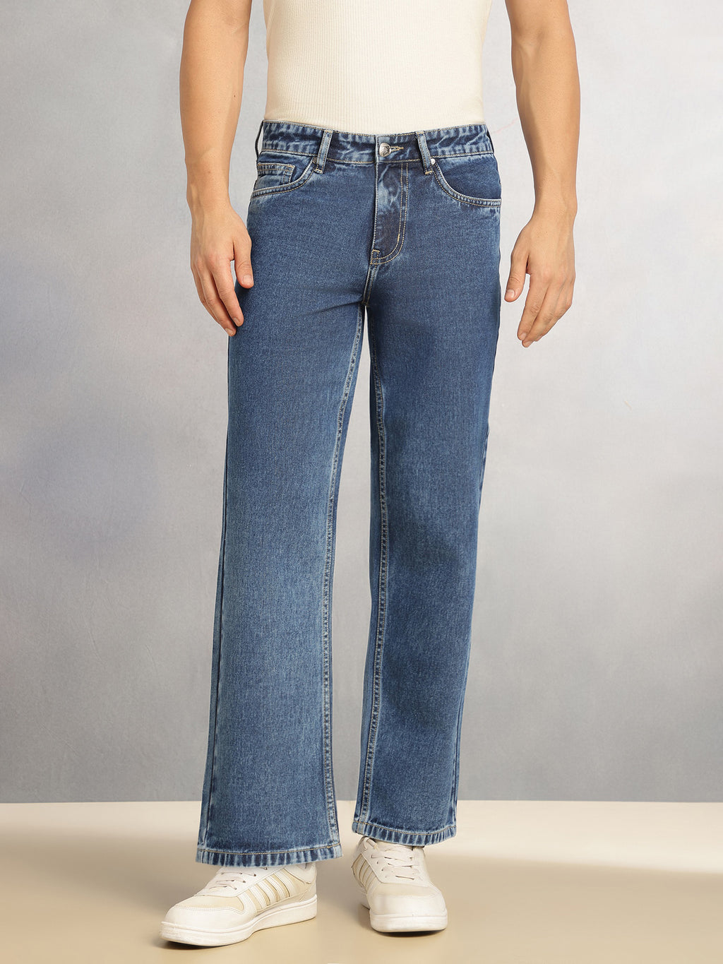 Thomas Scott Men Mid Blue Mid-Rise Baggy Fit Low Fade Clean Look 100% Cotton Non Stretchable Jeans