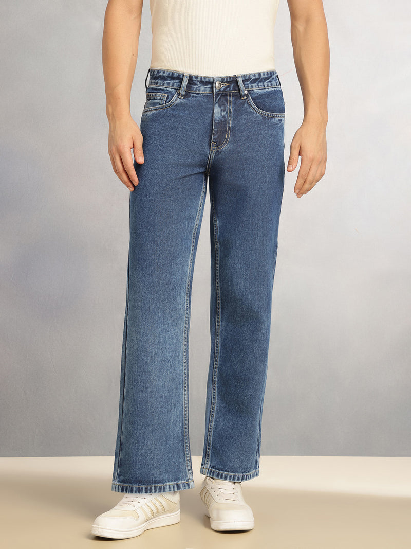 Thomas Scott Men Mid Blue Mid-Rise Baggy Fit Low Fade Clean Look 100% Cotton Non Stretchable Jeans