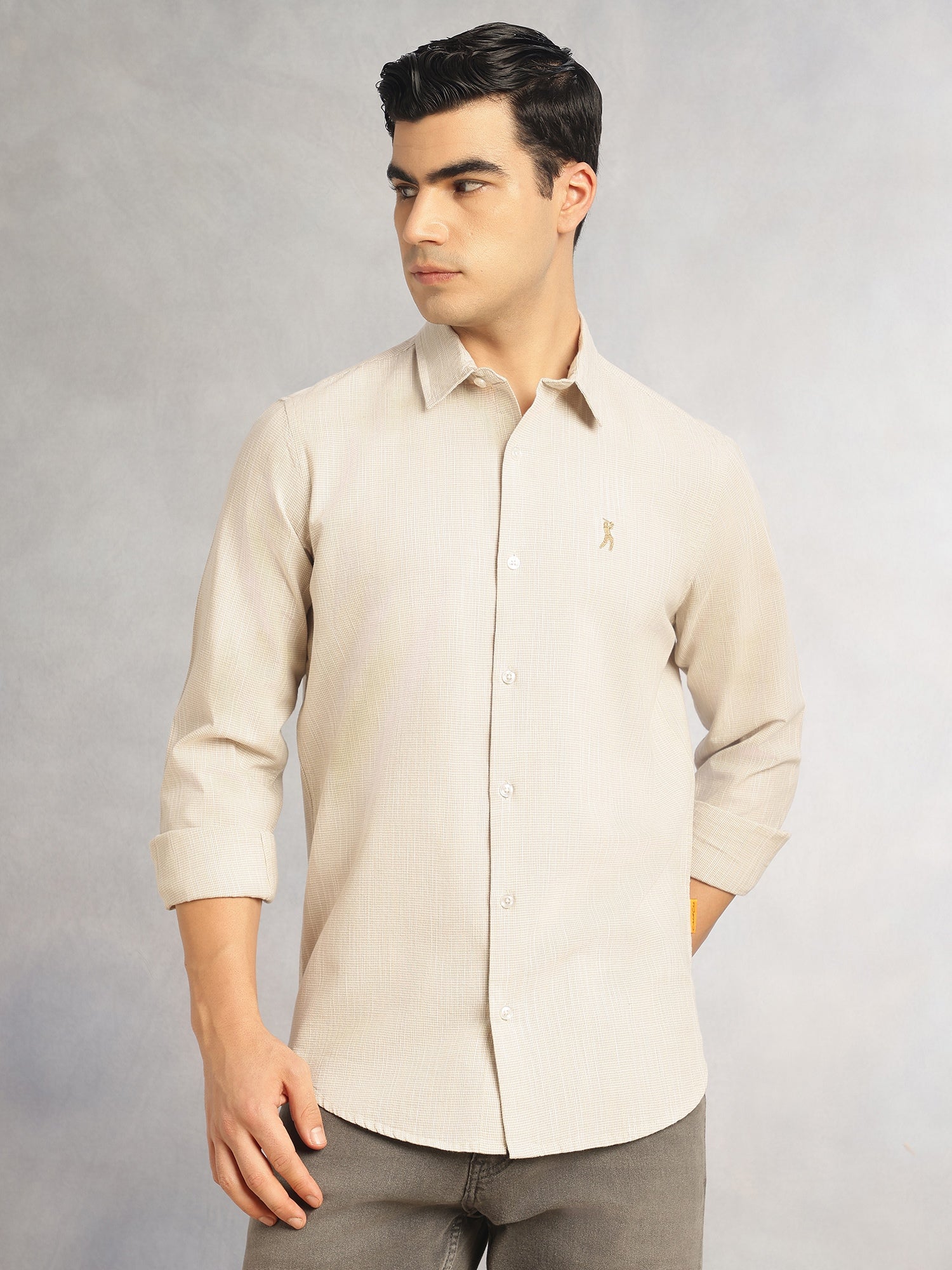 Thomas Scott Men Beige Cricket Club Collection Slim Fit Long Sleeves Spread Collar Pinstripes Cotton Linen Casual Shirt
