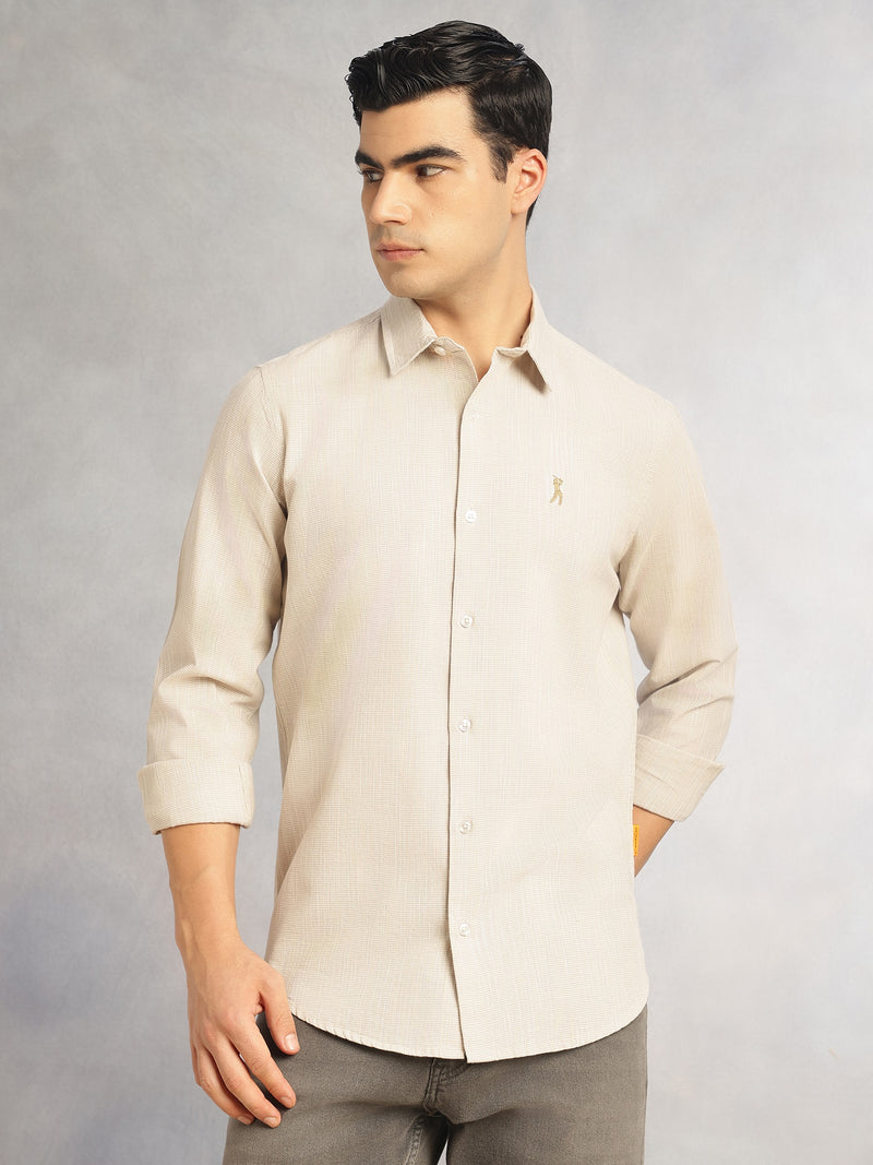 Thomas Scott Men Beige Cricket Club Collection Slim Fit Long Sleeves Spread Collar Pinstripes Cotton Linen Casual Shirt