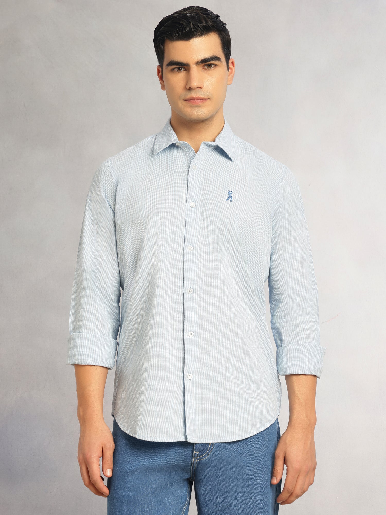 Thomas Scott Men Sky Blue Cricket Club Collection Slim Fit Long Sleeves Spread Collar Pinstripes Cotton Linen Casual Shirt