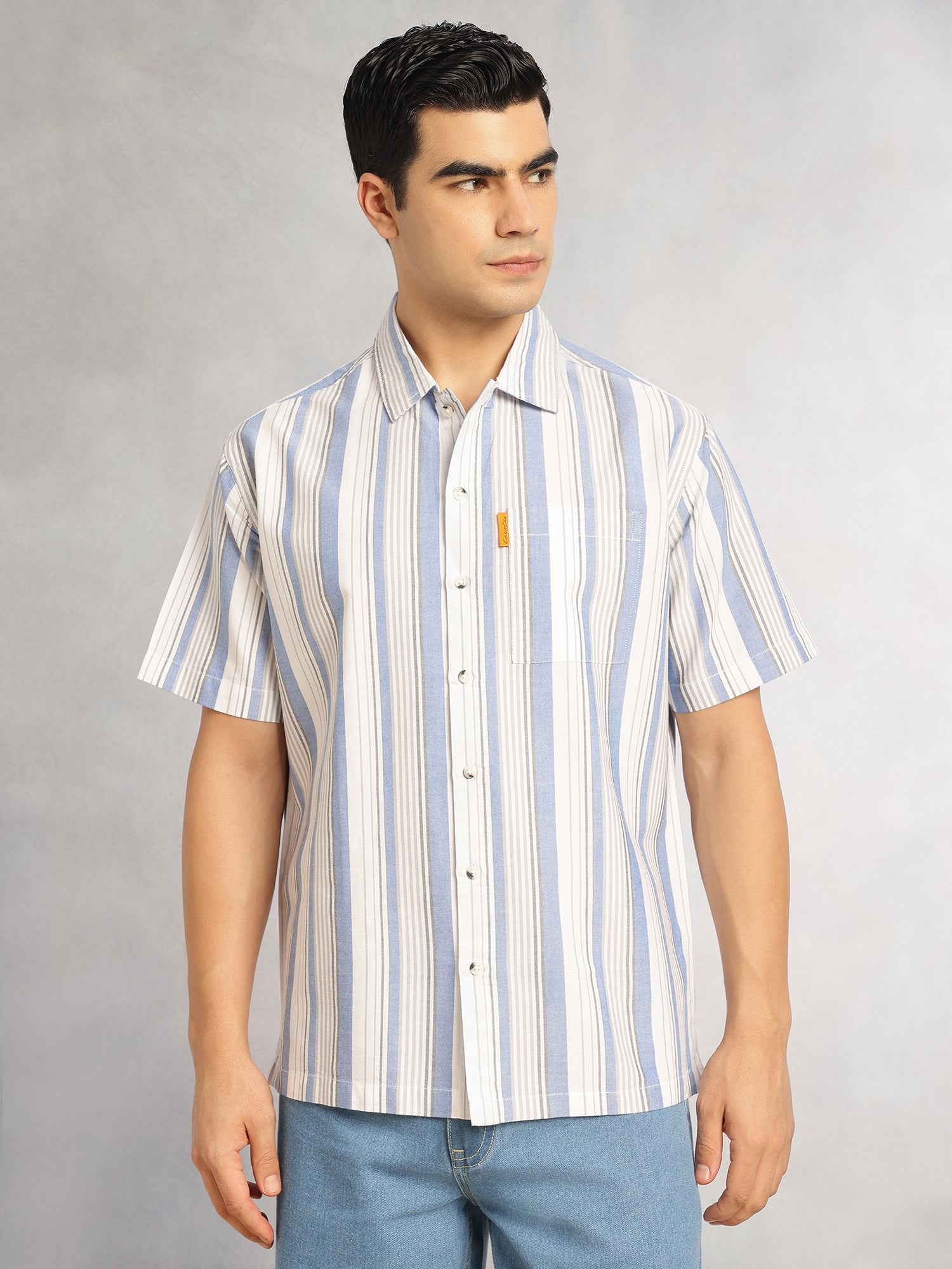 Thomas Scott Men Blue Cricket Club Collection Oversized Short Sleeves Cuban Collar Vertical Striped 100% Cotton Oxford Casual Shirt