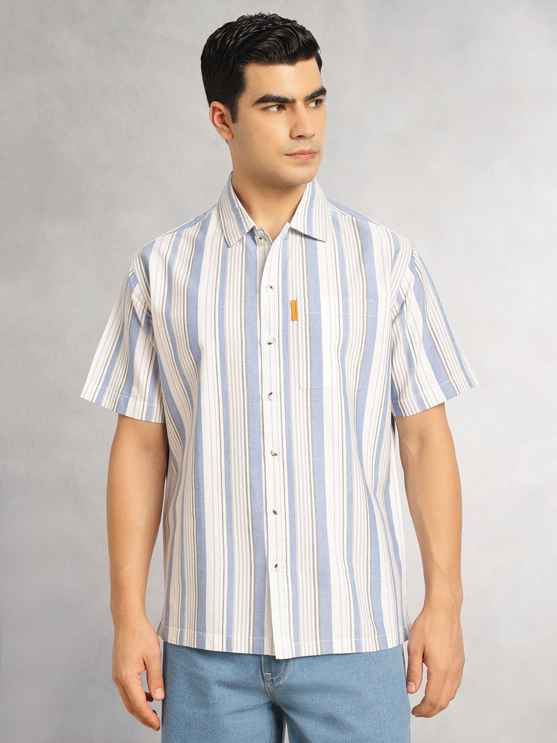 Thomas Scott Men Blue Cricket Club Collection Oversized Short Sleeves Cuban Collar Vertical Striped 100% Cotton Oxford Casual Shirt
