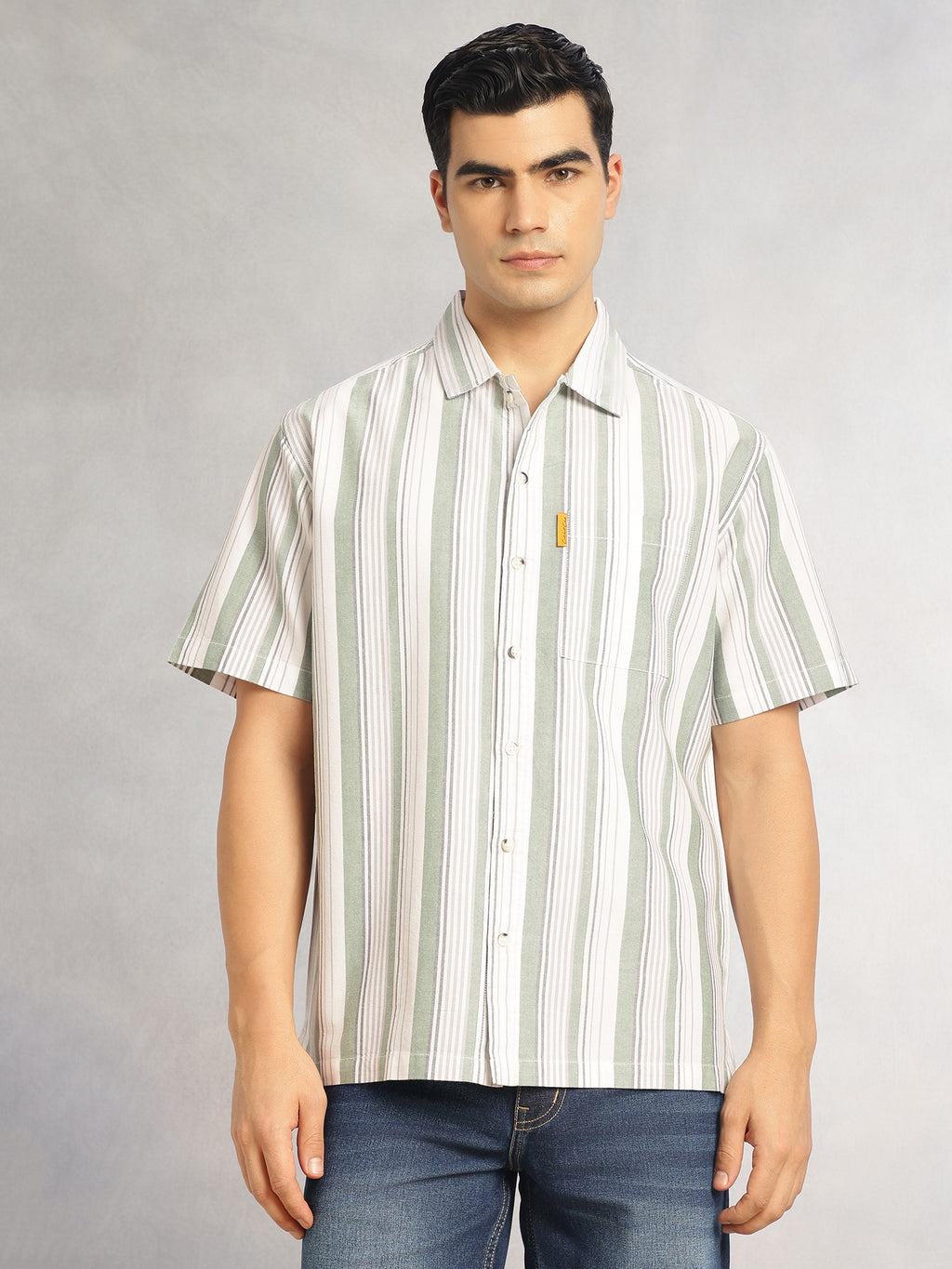 Thomas Scott Men Green Cricket Club Collection Oversized Short Sleeves Cuban Collar Vertical Striped 100% Cotton Oxford Casual Shirt