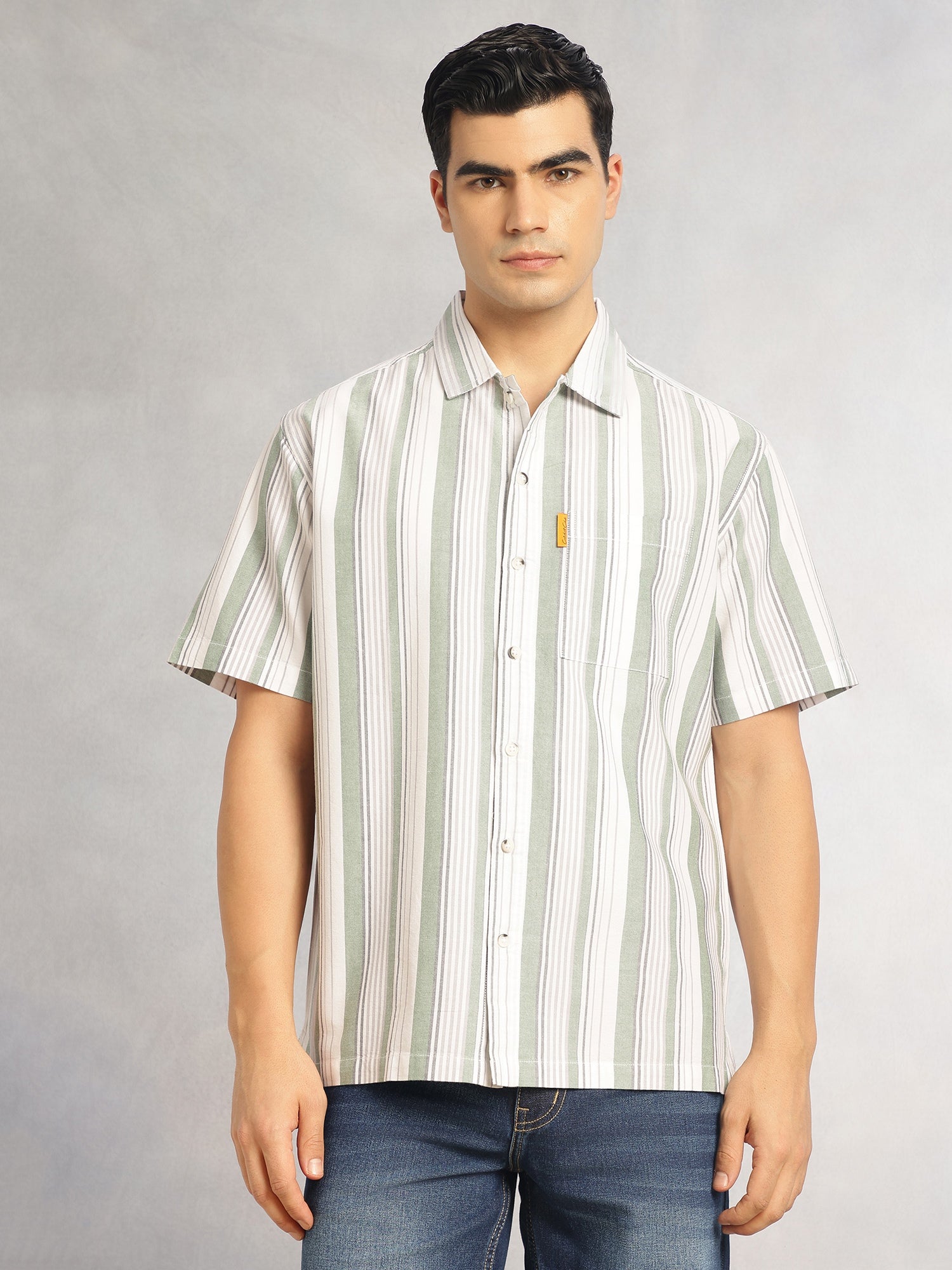 Thomas Scott Men Green Cricket Club Collection Oversized Short Sleeves Cuban Collar Vertical Striped 100% Cotton Oxford Casual Shirt