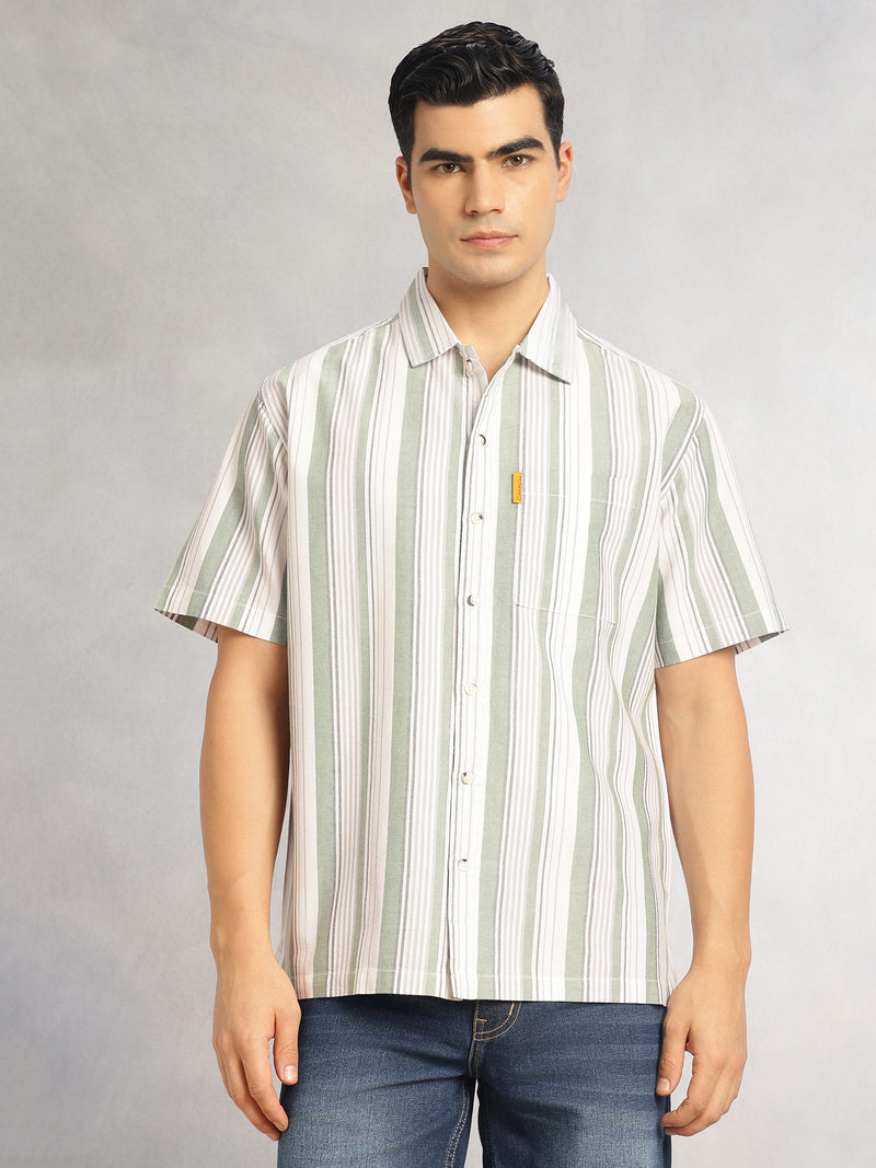 Thomas Scott Men Green Cricket Club Collection Oversized Short Sleeves Cuban Collar Vertical Striped 100% Cotton Oxford Casual Shirt