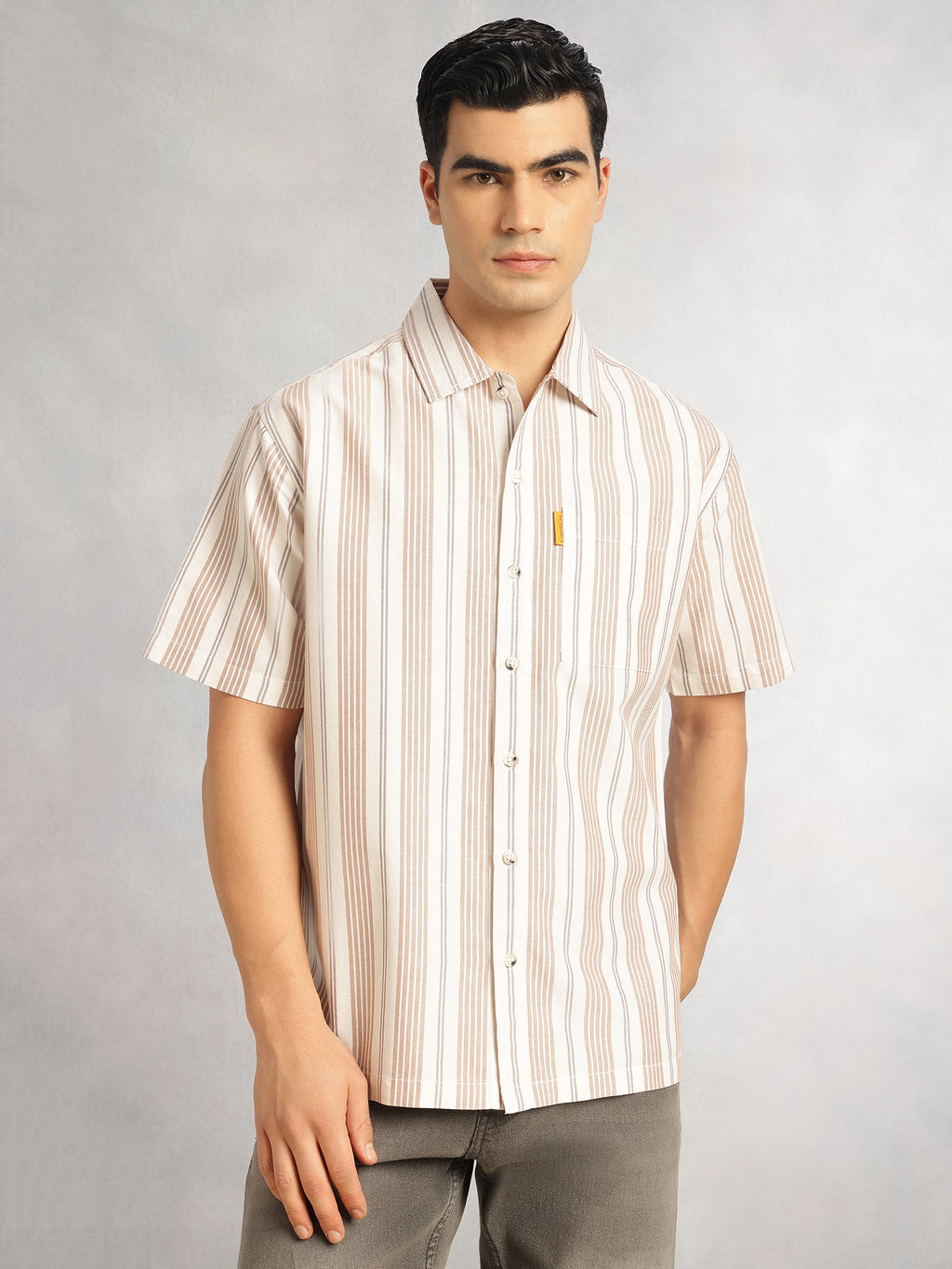Thomas Scott Men Beige Cricket Club Collection Oversized Short Sleeves Cuban Collar Vertical Striped 100% Cotton Oxford Casual Shirt