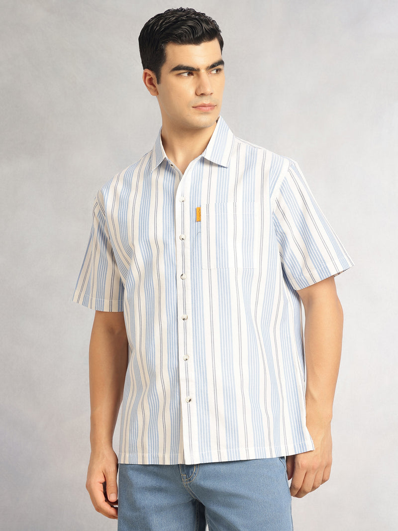 Thomas Scott Men Blue Cricket Club Collection Oversized Short Sleeves Cuban Collar Vertical Striped 100% Cotton Oxford Casual Shirt