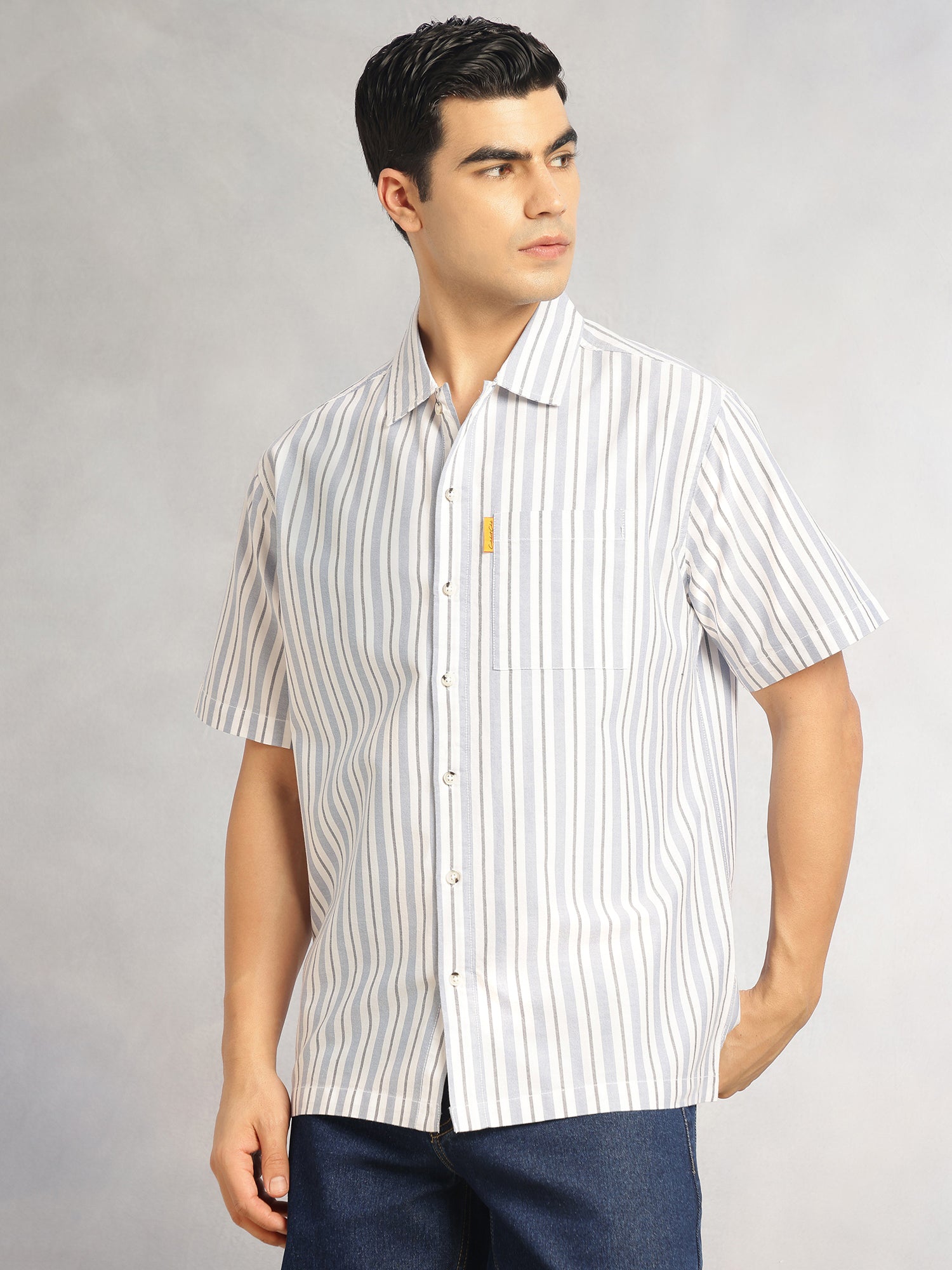Thomas Scott Men Blue Cricket Club Collection Oversized Short Sleeves Cuban Collar Vertical Striped 100% Cotton Oxford Casual Shirt