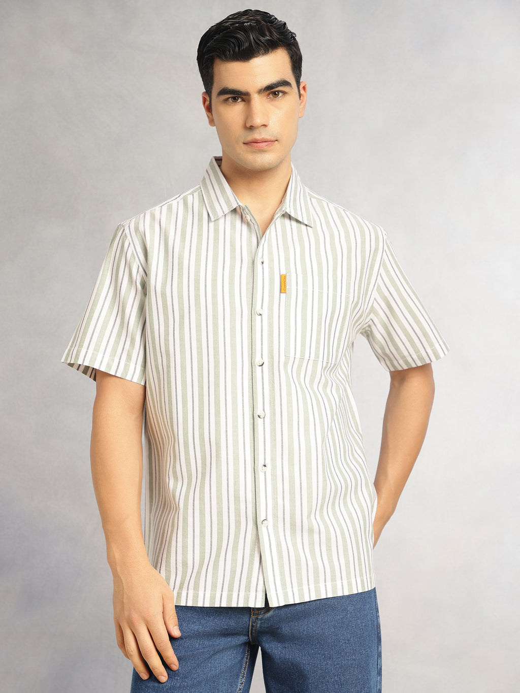 Thomas Scott Men Green Cricket Club Collection Oversized Short Sleeves Cuban Collar Vertical Striped 100% Cotton Oxford Casual Shirt