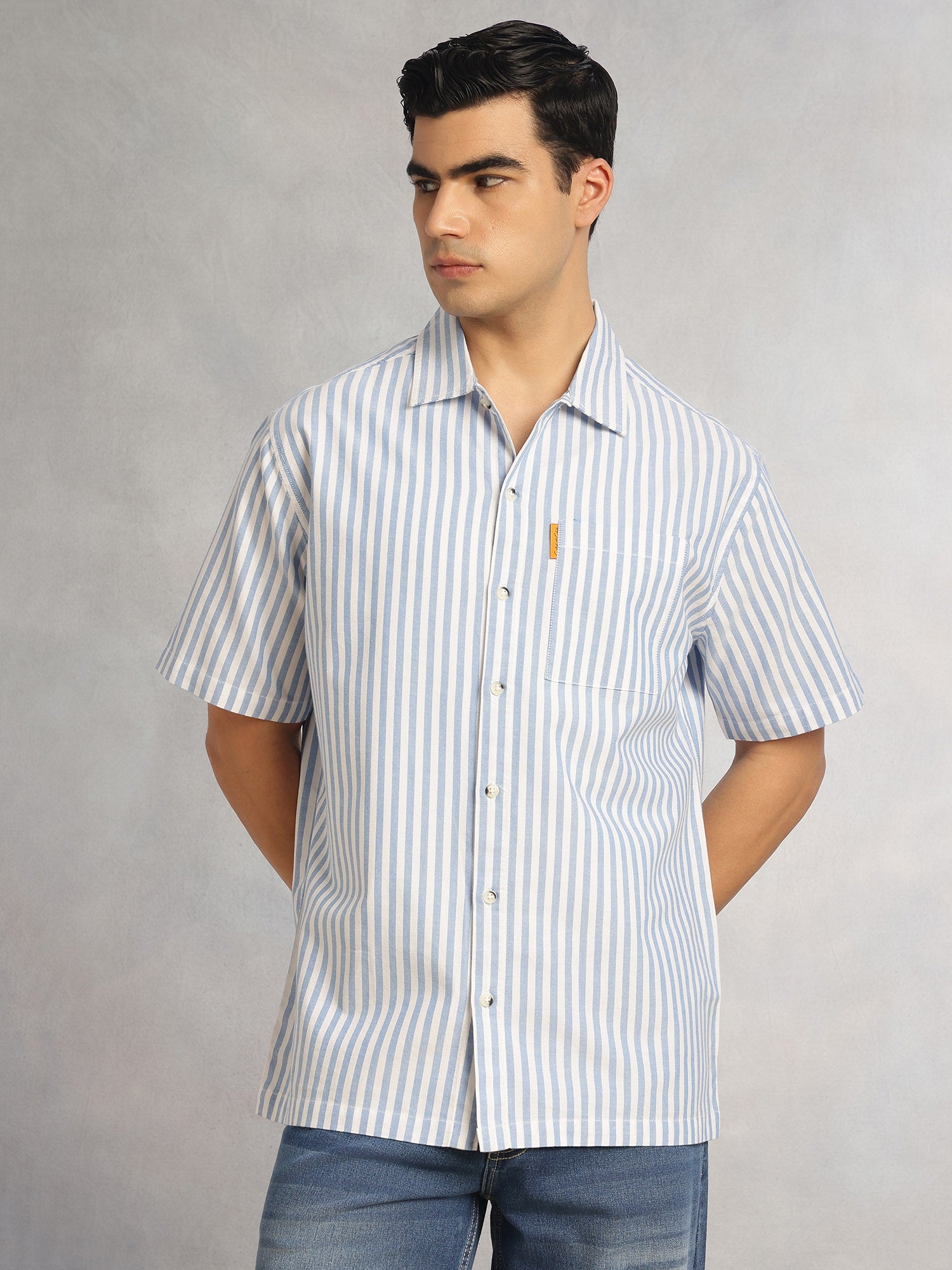 Thomas Scott Men Blue Cricket Club Collection Oversized Short Sleeves Cuban Collar Vertical Striped 100% Cotton Oxford Casual Shirt