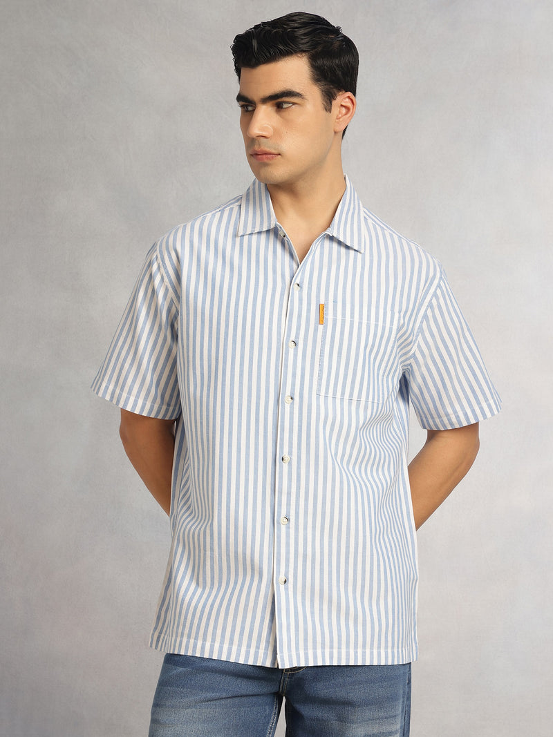 Thomas Scott Men Blue Cricket Club Collection Oversized Short Sleeves Cuban Collar Vertical Striped 100% Cotton Oxford Casual Shirt