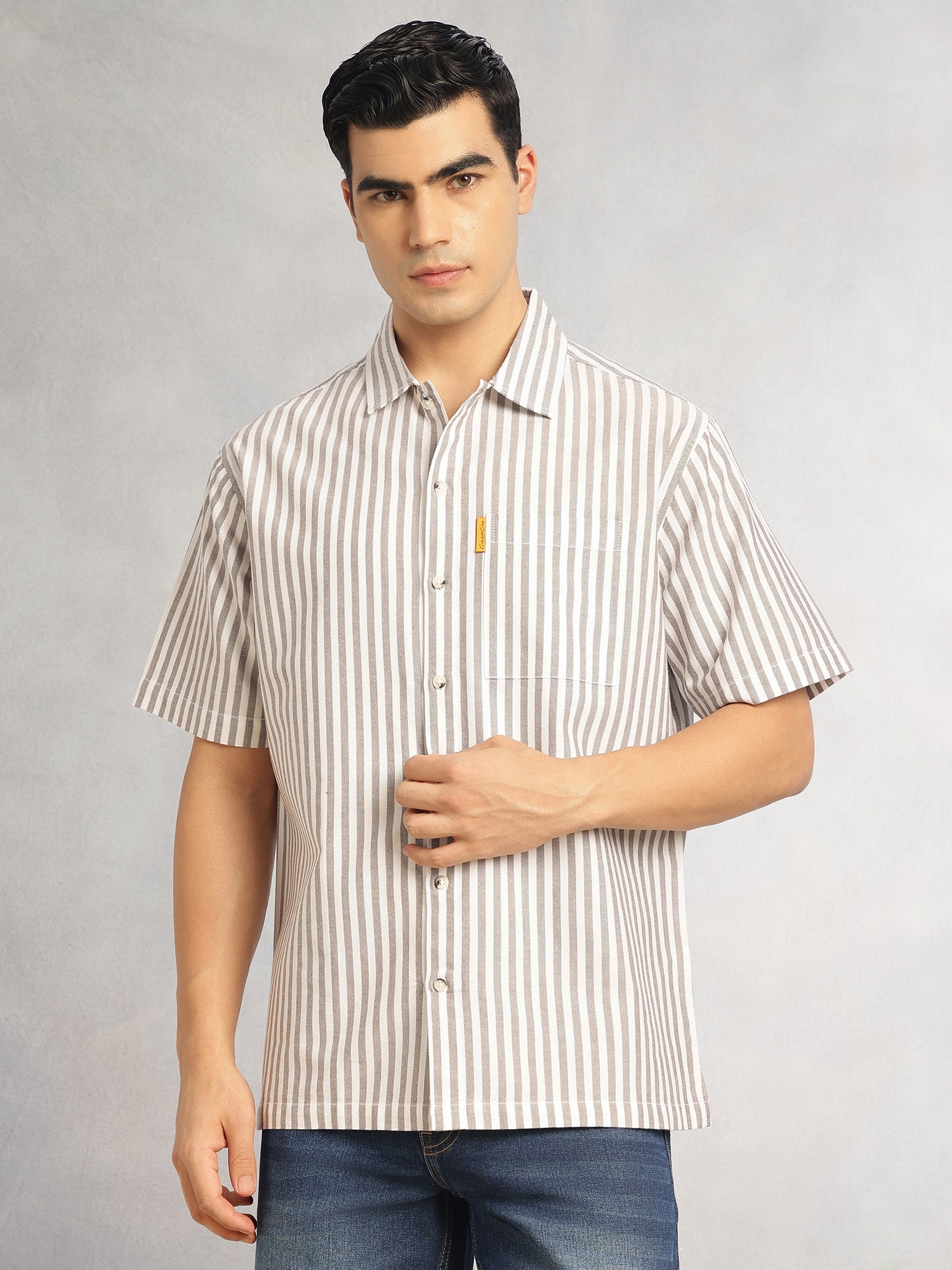 Thomas Scott Men Brown Cricket Club Collection Oversized Short Sleeves Cuban Collar Vertical Striped 100% Cotton Oxford Casual Shirt
