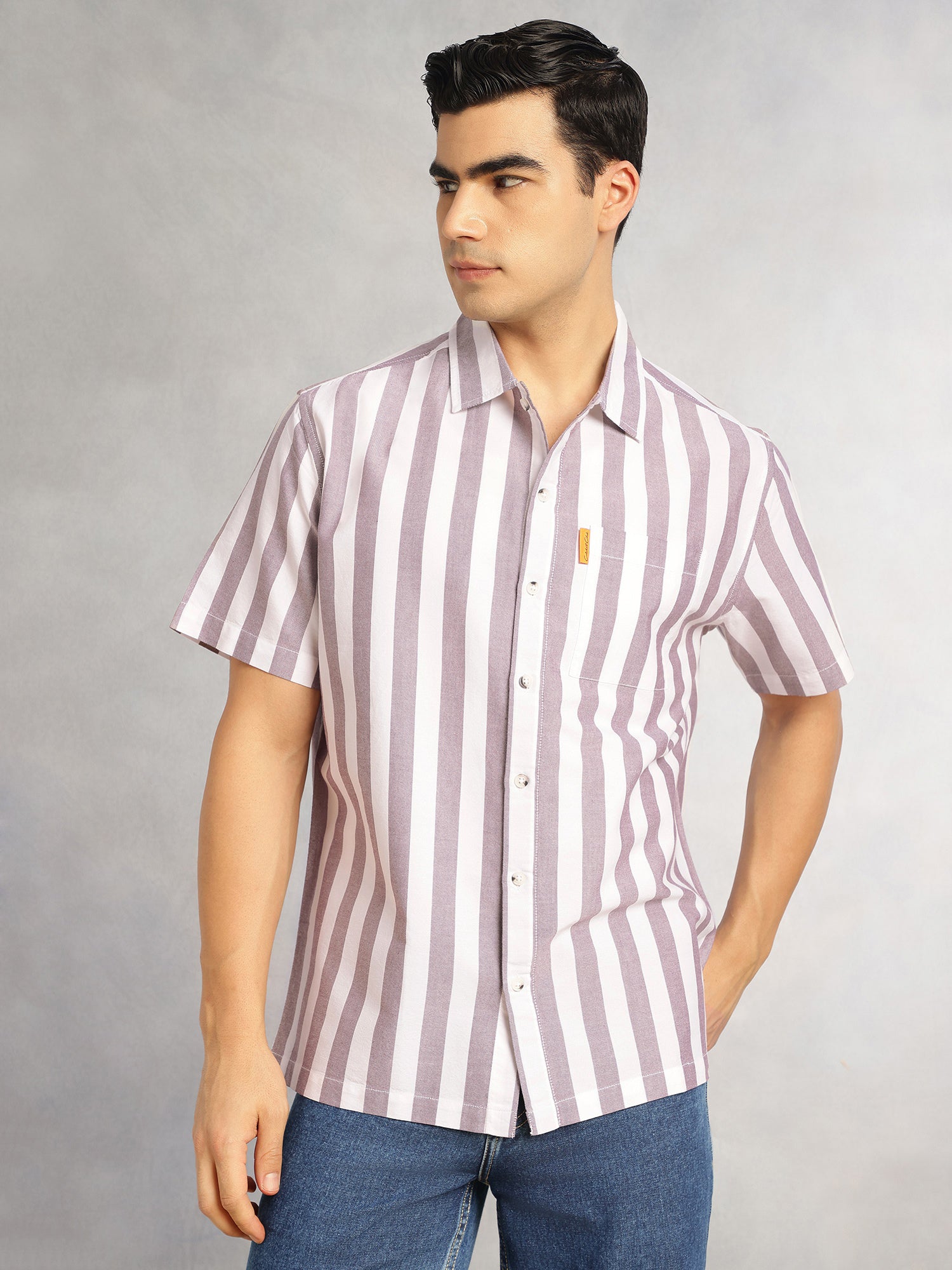 Thomas Scott Men Maroon Cricket Club Collection Oversized Short Sleeves Cuban Collar Vertical Striped 100% Cotton Oxford Casual Shirt