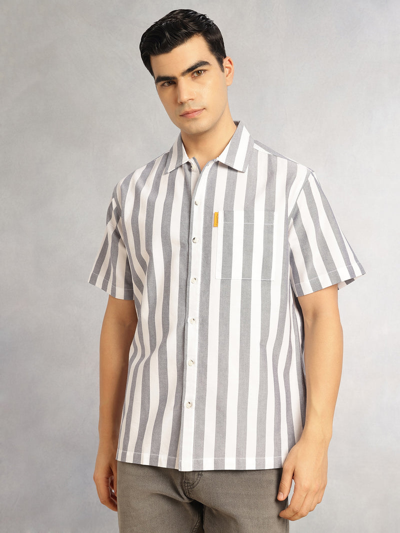 Thomas Scott Men Navy Cricket Club Collection Oversized Short Sleeves Cuban Collar Vertical Striped 100% Cotton Oxford Casual Shirt