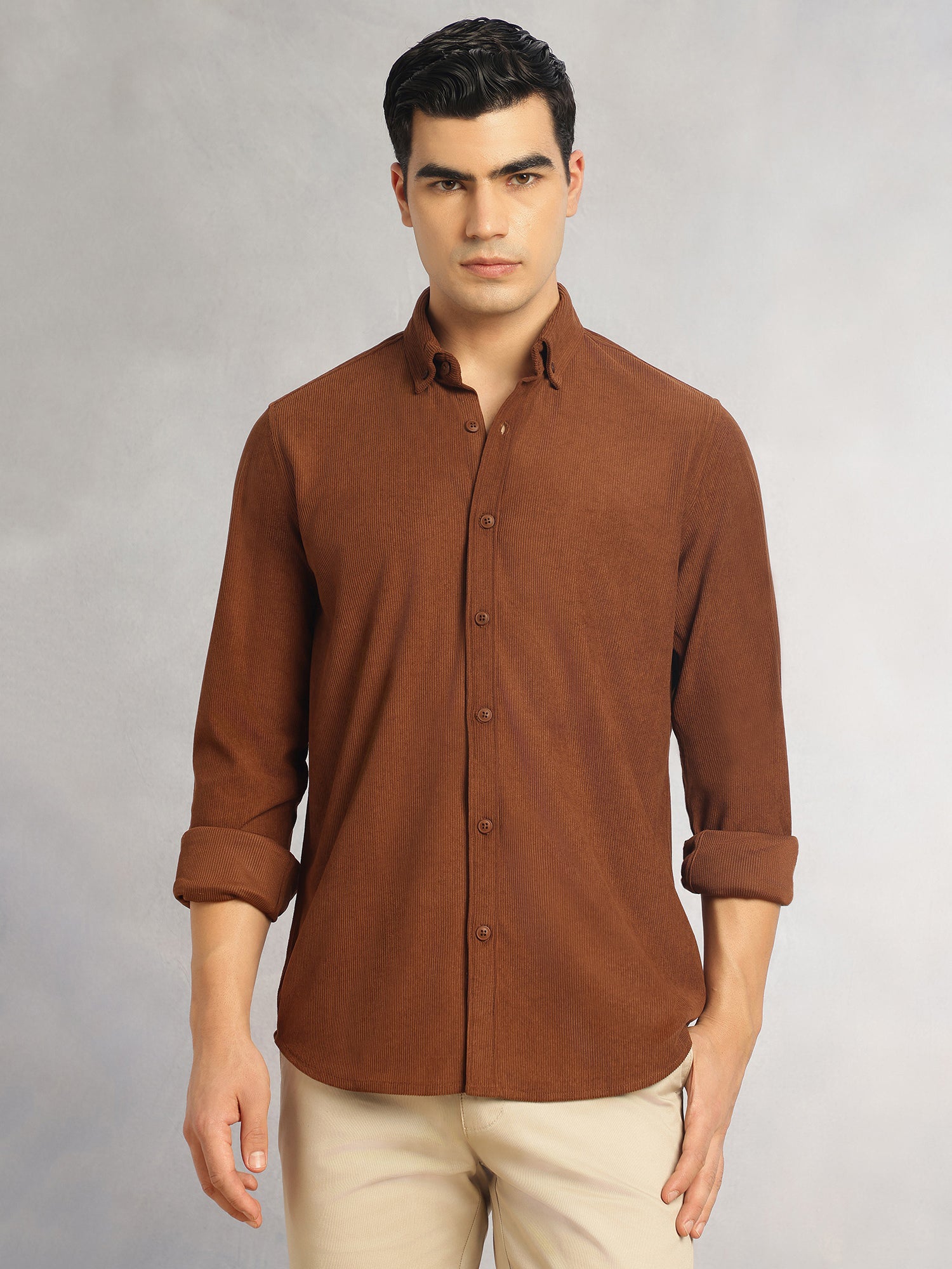 Thomas Scott Men Brown Slim Fit Long Sleeves Button-Down Collar Corduroy Shirt