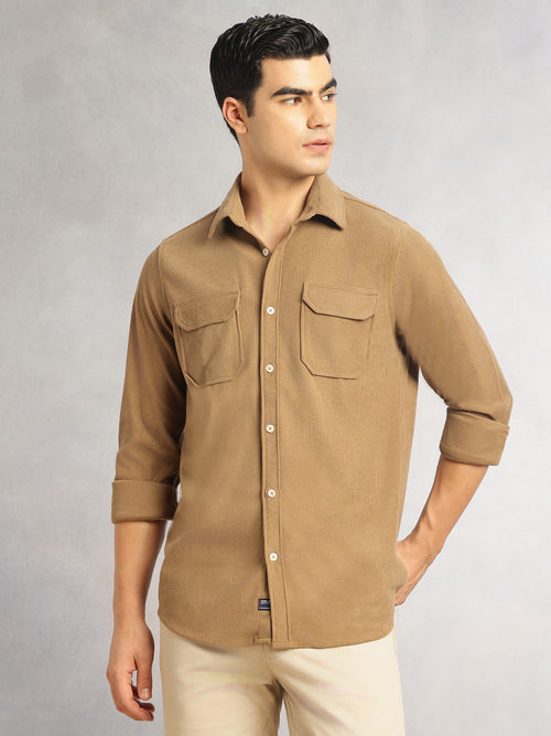Thomas Scott Men Khaki Regular Fit Long Sleeves Spread Collar Corduroy Casual Shirt