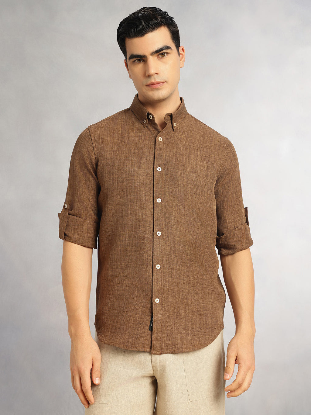 Thomas Scott Men Coffee Slim Fit Long Sleeves Button-Down Collar Polyester Casual Shirt