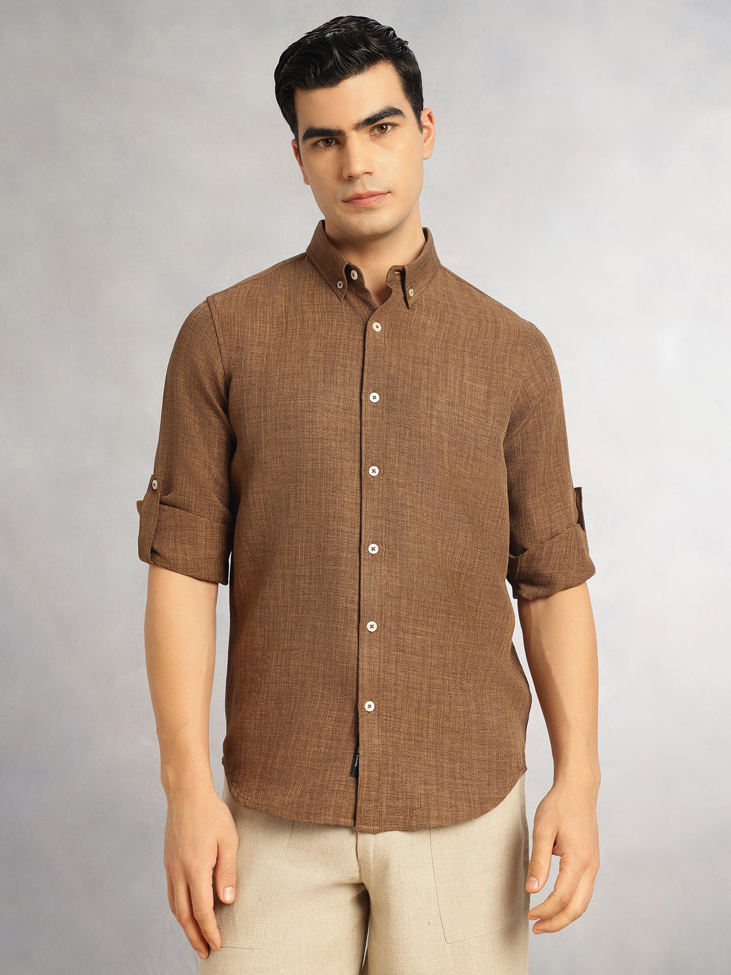 Thomas Scott Men Coffee Slim Fit Long Sleeves Button-Down Collar Polyester Casual Shirt
