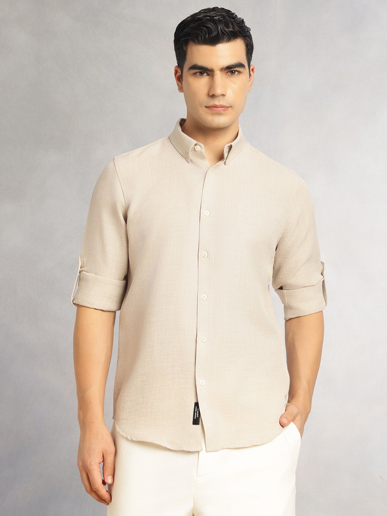 Thomas Scott Men Fawn Slim Fit Long Sleeves Button-Down Collar Polyester Casual Shirt