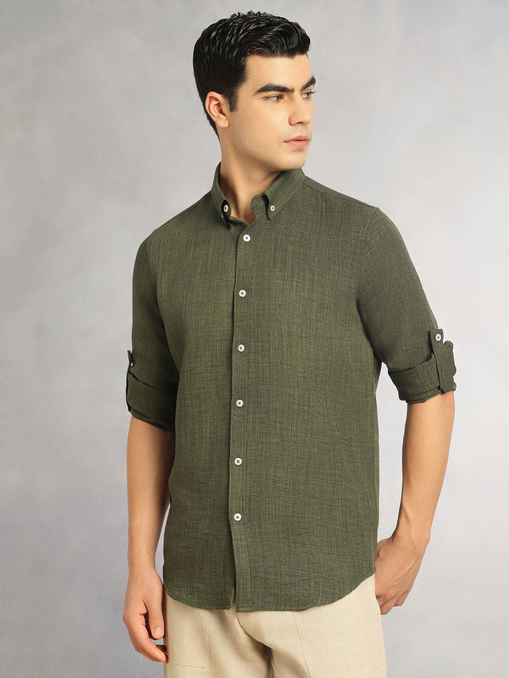 Thomas Scott Men Forest Green Slim Fit Long Sleeves Button-Down Collar Polyester Casual Shirt