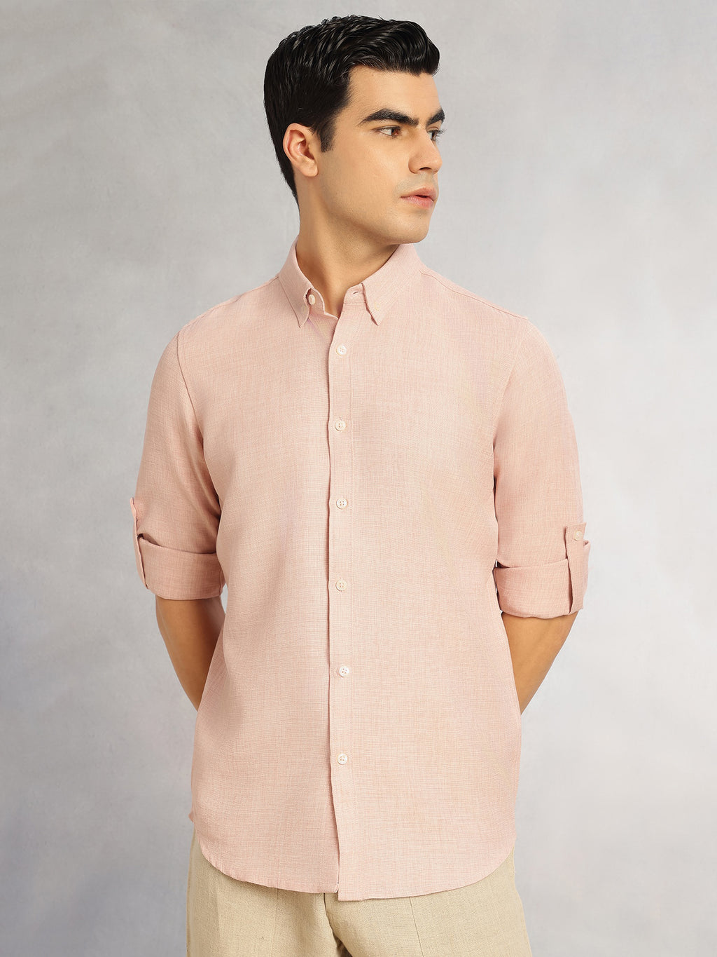 Thomas Scott Men Peach Slim Fit Long Sleeves Button-Down Collar Polyester Casual Shirt