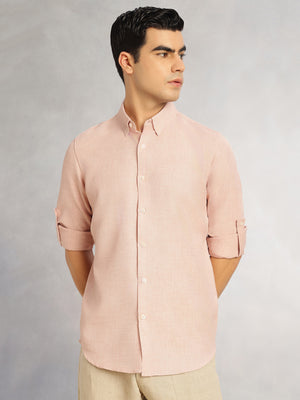 Thomas Scott Men Peach Slim Fit Long Sleeves Button-Down Collar Polyester Casual Shirt
