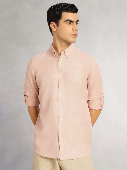 Thomas Scott Men Peach Slim Fit Long Sleeves Button-Down Collar Polyester Casual Shirt