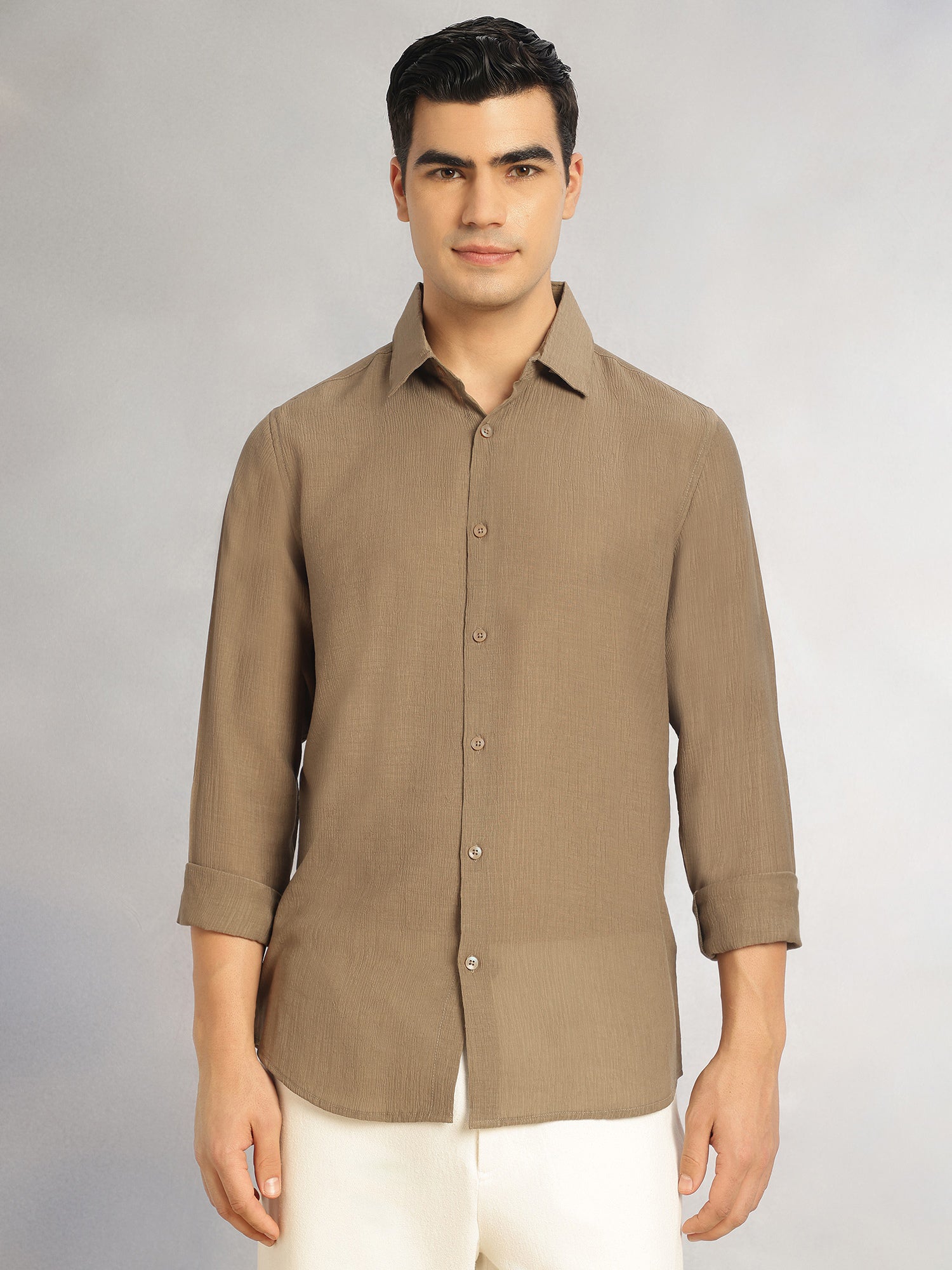 Thomas Scott Men Brown Regular Fit Long Sleeves Spread Colllar Textured Polyester Casual Shirt