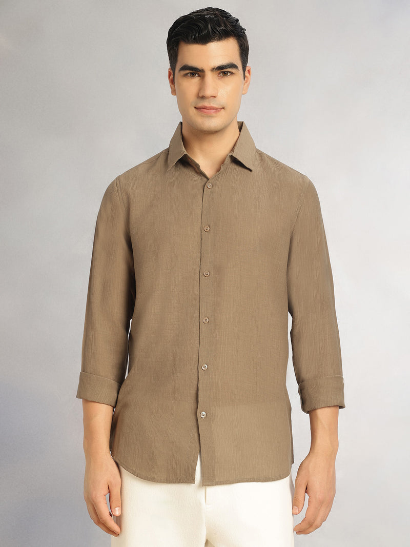 Thomas Scott Men Brown Regular Fit Long Sleeves Spread Colllar Textured Polyester Casual Shirt