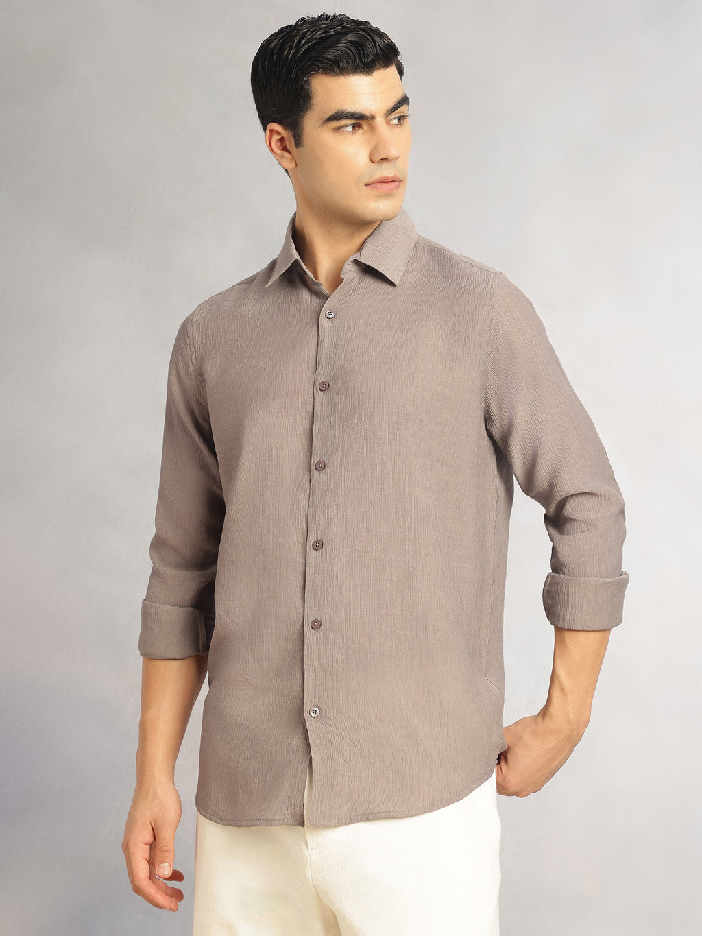 Thomas Scott Men Grey Regular Fit Long Sleeves Spread Colllar Textured Polyester Casual Shirt