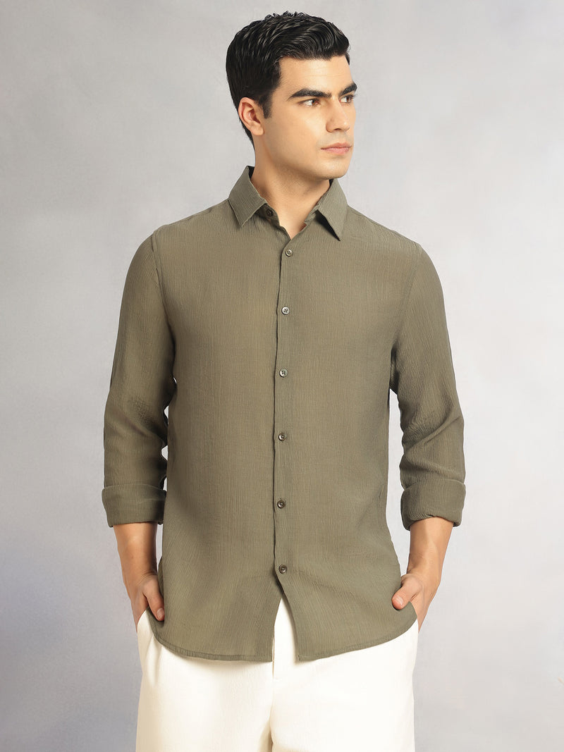 Thomas Scott Men Olive Regular Fit Long Sleeves Spread Colllar Textured Polyester Casual Shirt