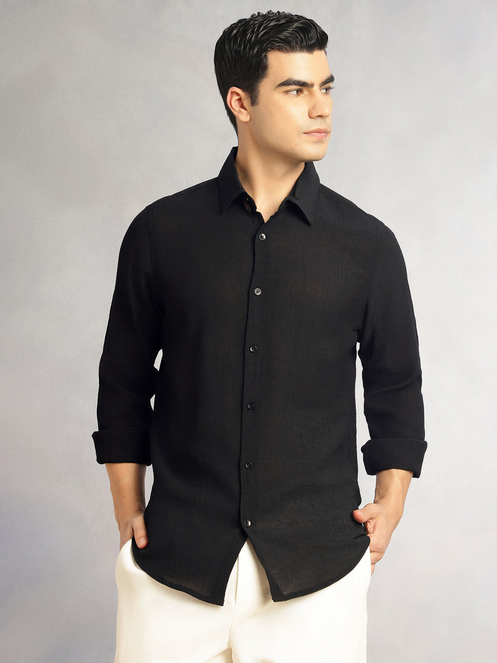 Thomas Scott Men Black Regular Fit Long Sleeves Spread Colllar Textured Polyester Casual Shirt