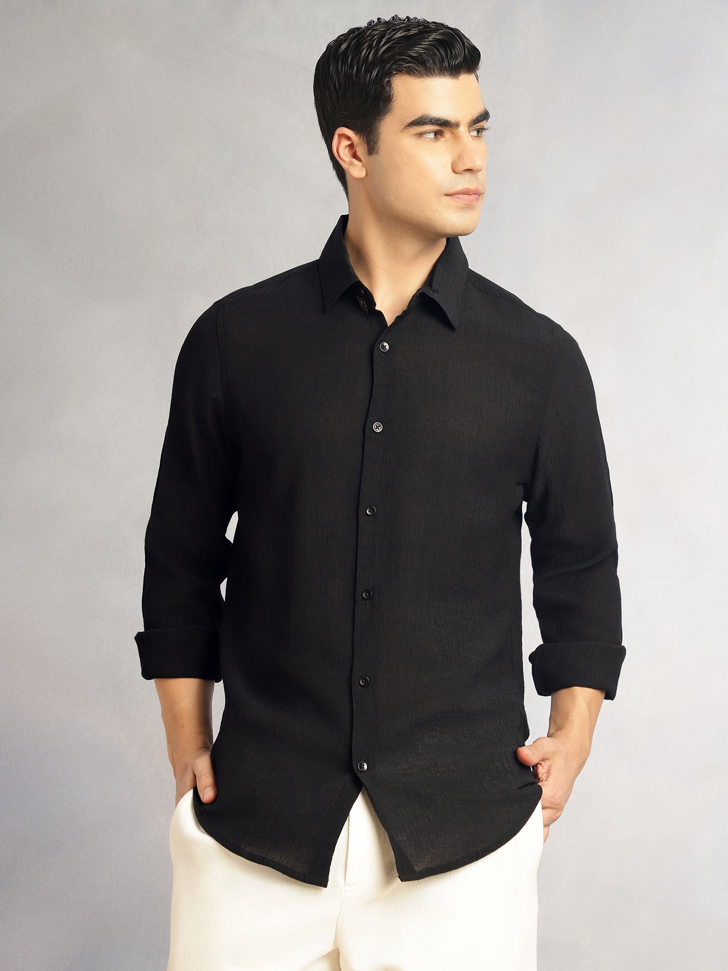 Thomas Scott Men Black Regular Fit Long Sleeves Spread Colllar Textured Polyester Casual Shirt