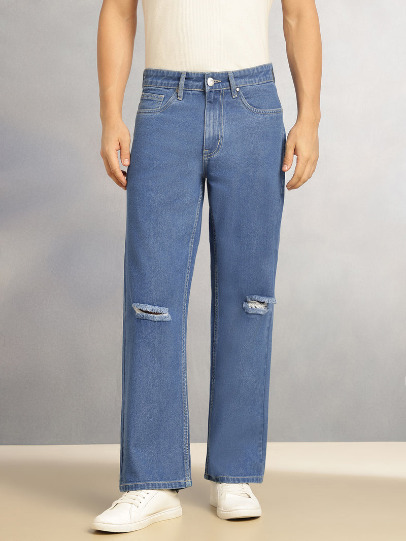 Thomas Scott Men Mid Blue Mid-Rise Baggy Fit No Fade Highly Distressed 100% Cotton Non Stretchable Jeans