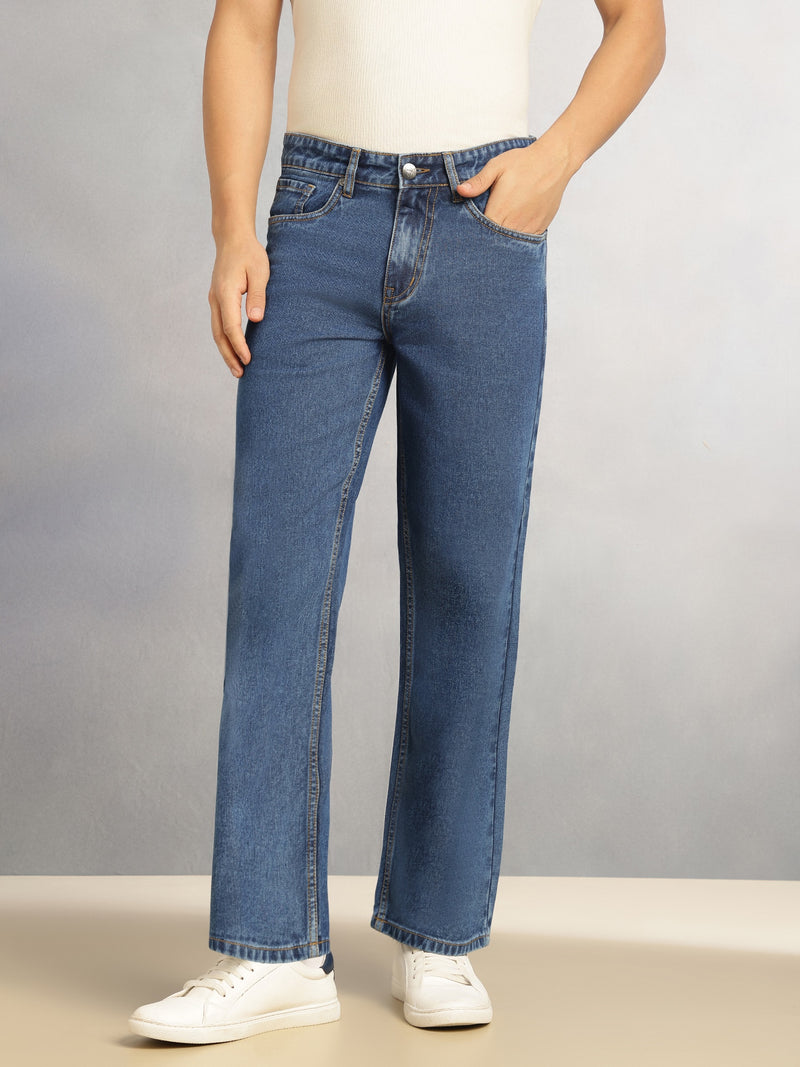 Thomas Scott Men Mid Blue Mid-Rise Baggy Fit No Fade Clean Look 100% Cotton Non Stretchable Jeans