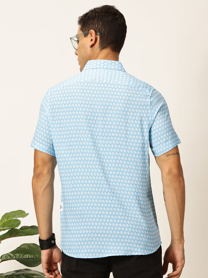 Thomas Scott Men Aqua Regular Fit Short Sleeves Spread Collar Floral Printed Casual Shirt