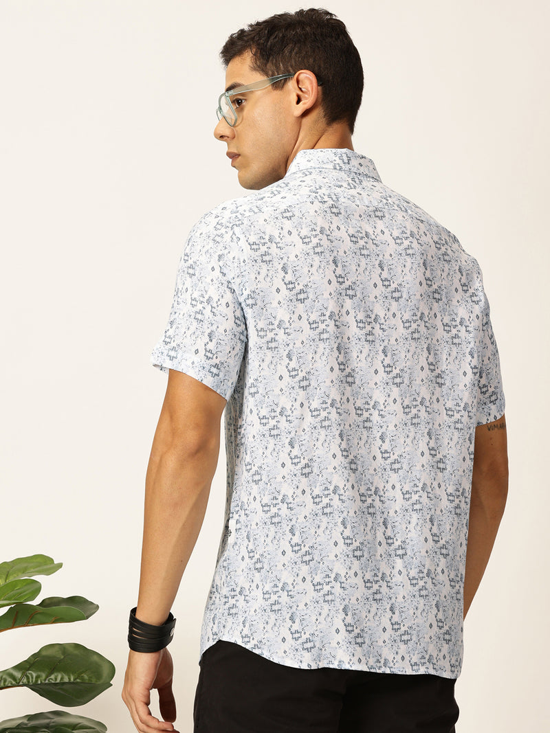 Thomas Scott Men Medium Blue Regular Fit Short Sleeves Spread Collar Ethnic Motifs Printed Casual Shirt