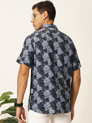 Thomas Scott Men Navy Blue Regular Fit Short Sleeves Spread Collar Floral Printed Casual Shirt