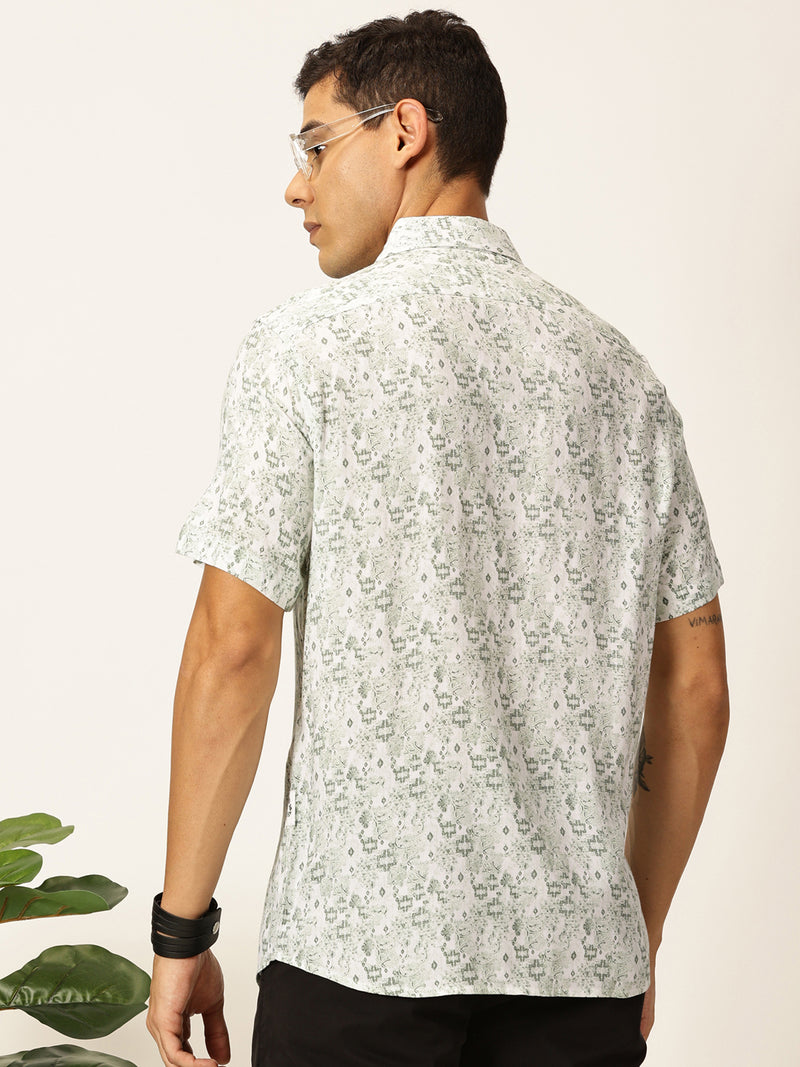 Thomas Scott Men Olive Regular Fit Short Sleeves Spread Collar Ethnic Motifs Printed Casual Shirt