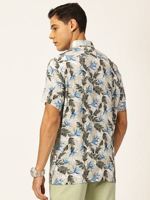 Grey Regular Fit Short Sleeves Spread Collar Tropical Printed Casual Shirt For Men