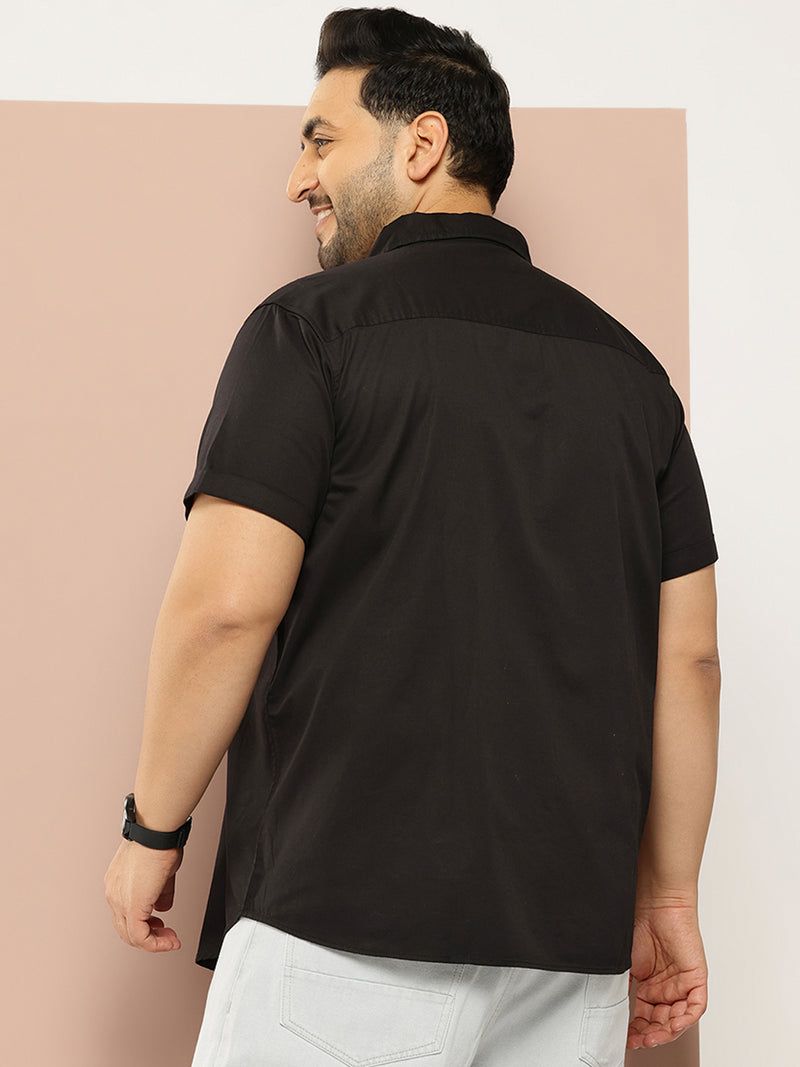 Thomas Scott Men Black Plus Size Regular Fit Short Sleeves Spread Collar 100% Cotton Casual Shirt