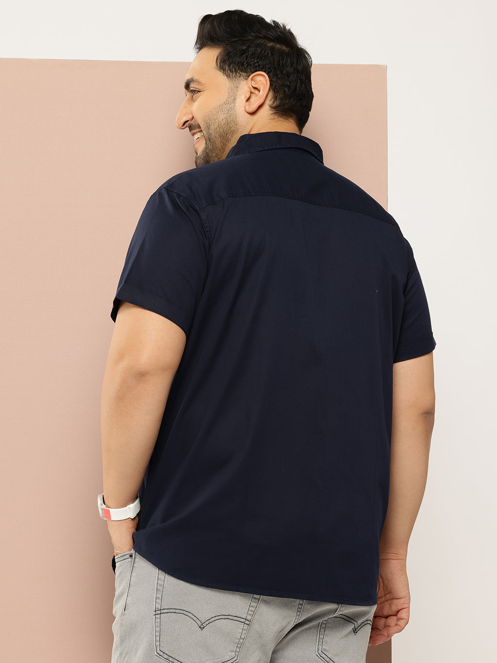 Thomas Scott Men Navy Plus Size Regular Fit Short Sleeves Spread Collar 100% Cotton Casual Shirt