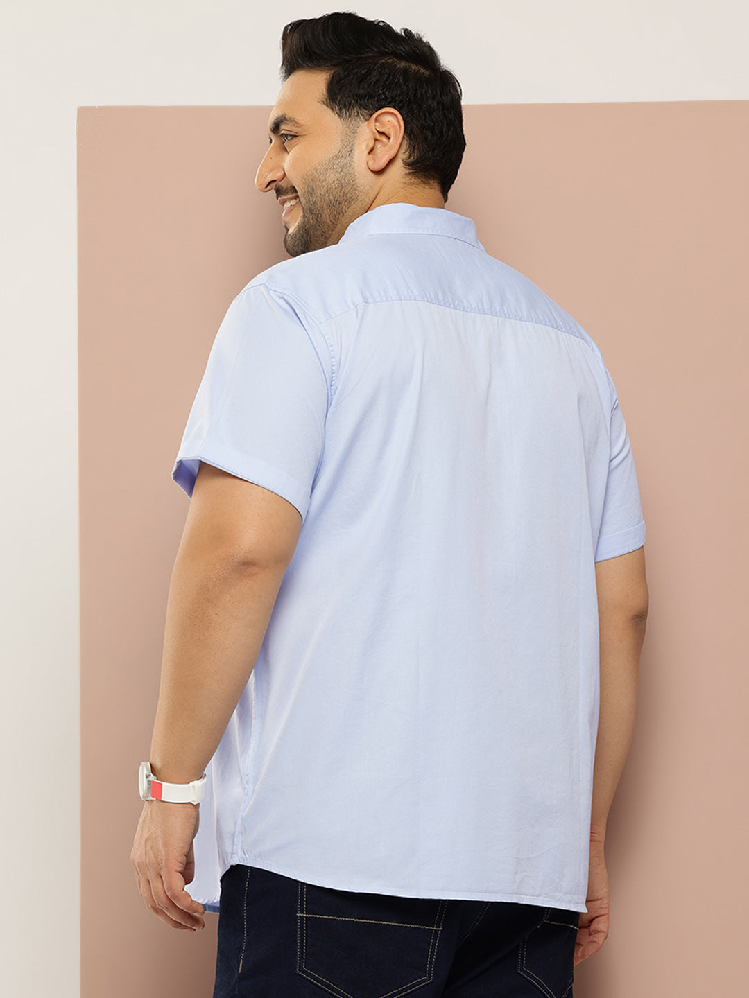 Thomas Scott Men Sky Blue Plus Size Regular Fit Short Sleeves Spread Collar 100% Cotton Casual Shirt