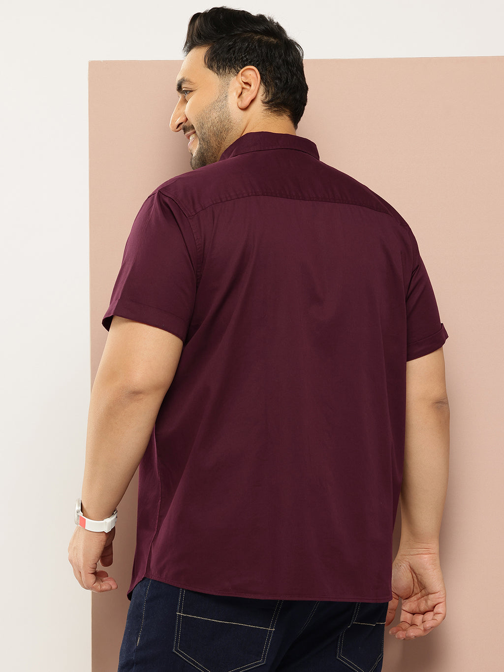 Thomas Scott Men Wine Plus Size Regular Fit Short Sleeves Spread Collar 100% Cotton Casual Shirt